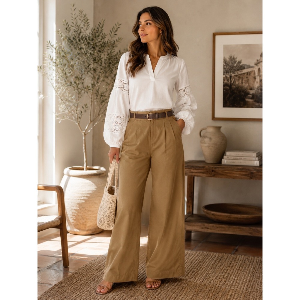 Zara Trousers Womens Small Tan Wide Leg Pleated Minimalist